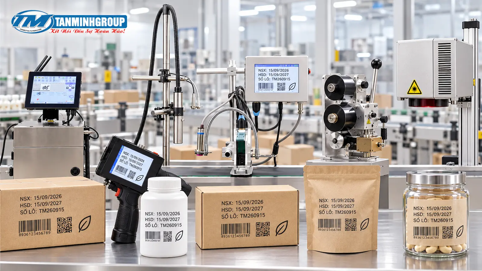 Các loại máy in date phổ biến gồm máy cầm tay TIJ băng tải CIJ dập nhiệt và laser