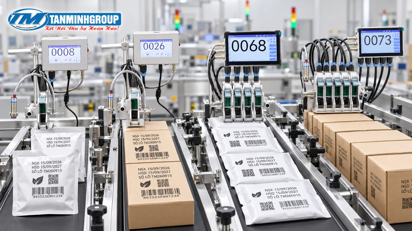Máy in date băng tải TIJ nhiều đầu in tự động trên túi và hộp