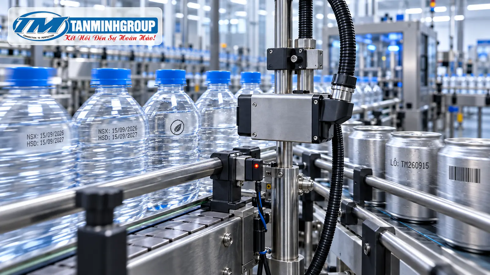 Máy in phun date CIJ công nghiệp in NSX HSD số lô mã vạch trên chai lon