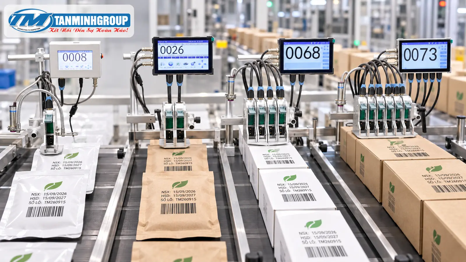 Máy in date TIJ băng tải nhiều đầu in Tân Minh cho túi và hộp