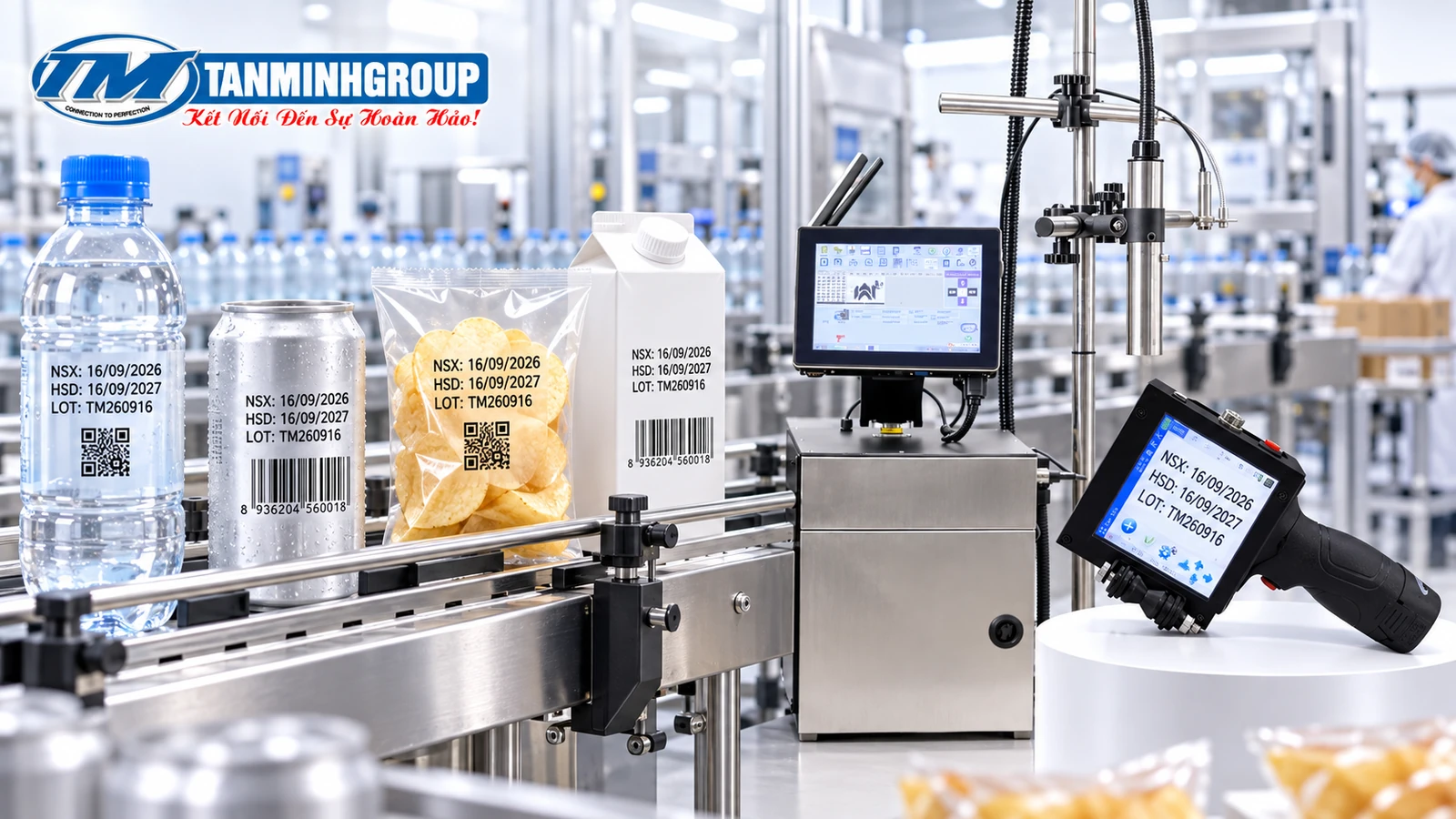Máy in ngày sản xuất Tân Minh in NSX HSD số lô trên bao bì