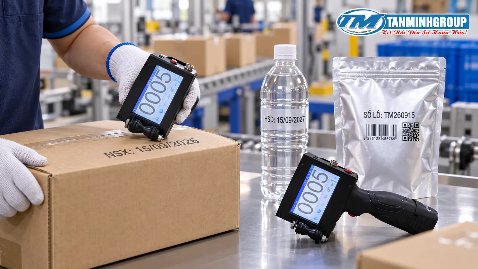 Máy in phun date cầm tay TIJ in NSX HSD số lô barcode và QR