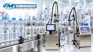 Máy in phun date công nghiệp Tân Minh in NSX HSD số lô mã QR trên chai và lon