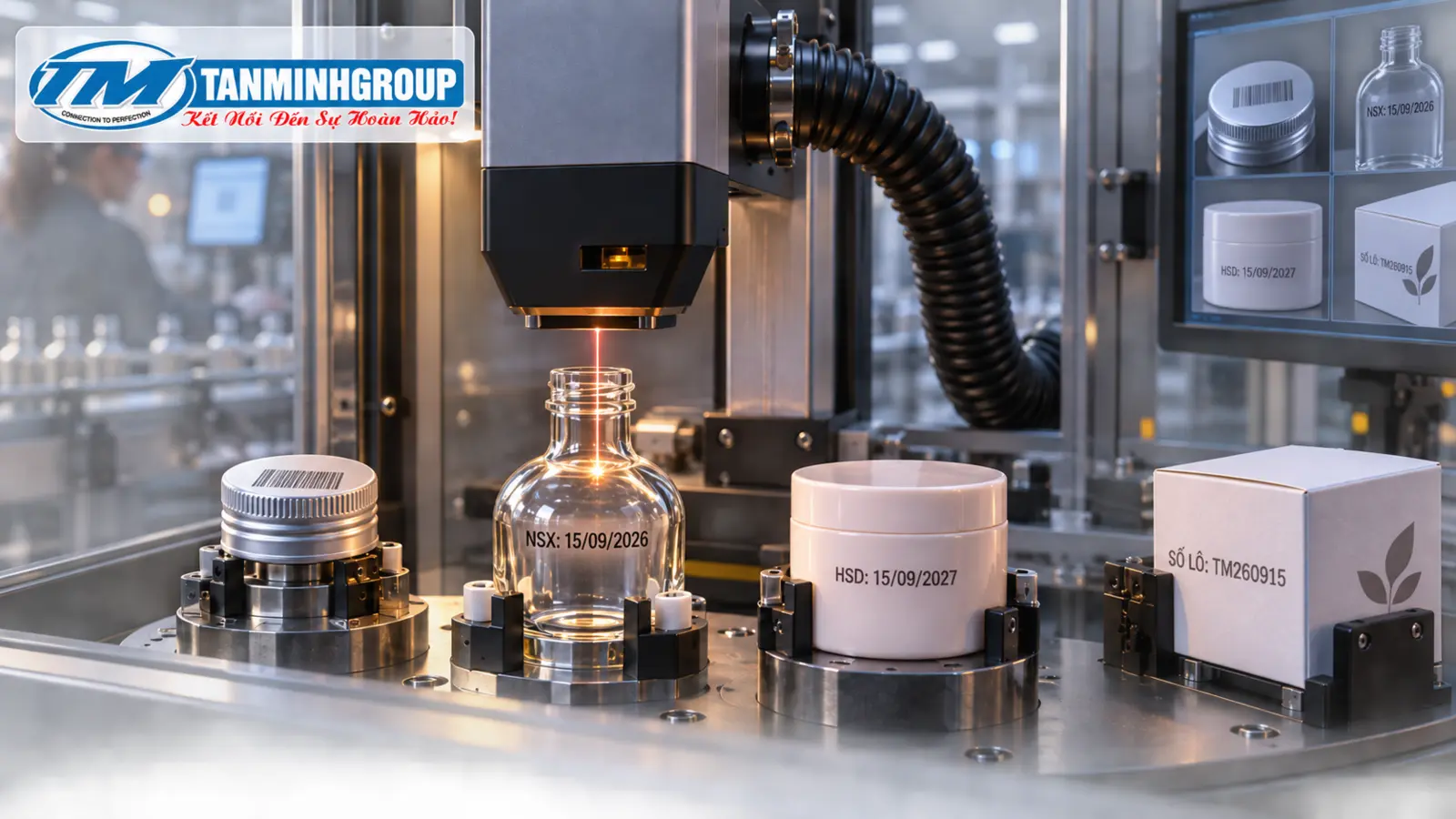 Máy khắc laser in date trên nắp nhôm chai thủy tinh hũ nhựa và hộp giấy