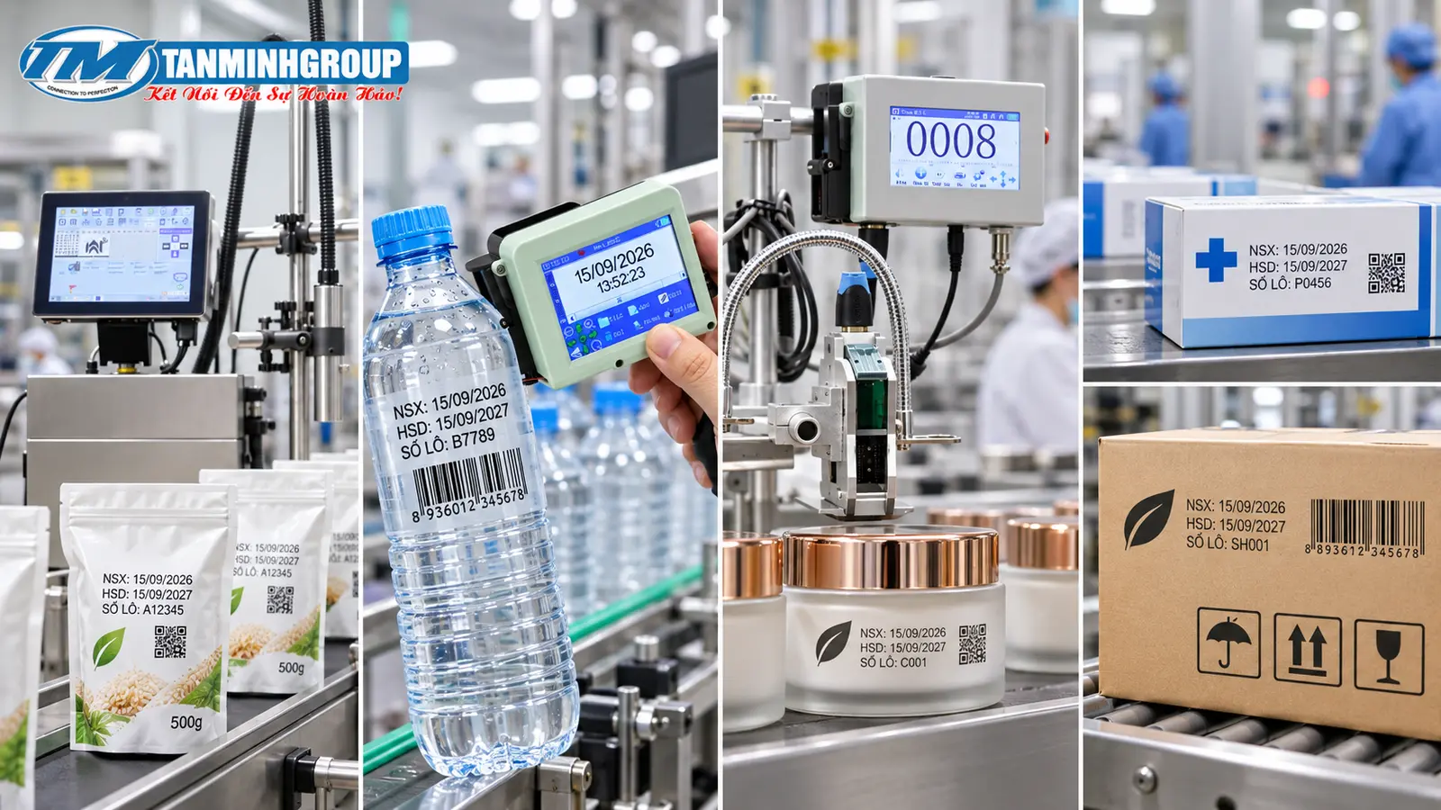 Ứng dụng máy in date trên túi thực phẩm chai nước hũ mỹ phẩm hộp dược và carton