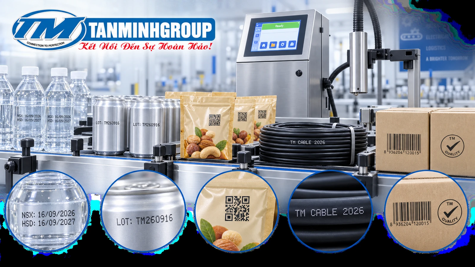 Ứng dụng máy in phun date công nghiệp trên chai lon túi dây cáp carton