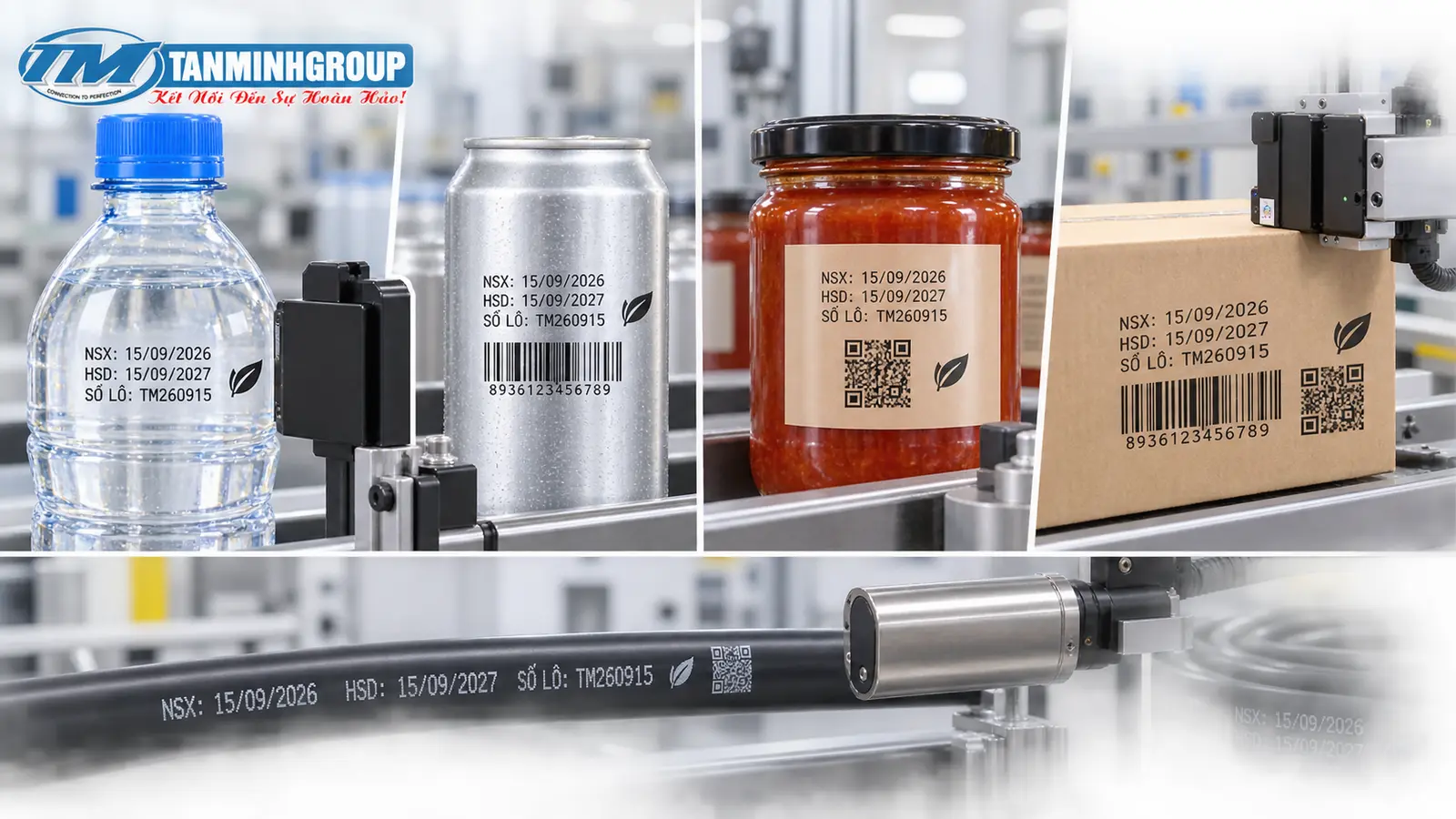 Ứng dụng máy in phun date trên nhựa kim loại thủy tinh carton và dây cáp